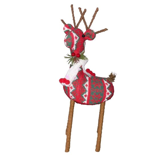 Christmas Standing 16” Reindeer Pair Plaid Red Flannel Fabric Stuffed Figures - Picture 1 of 9